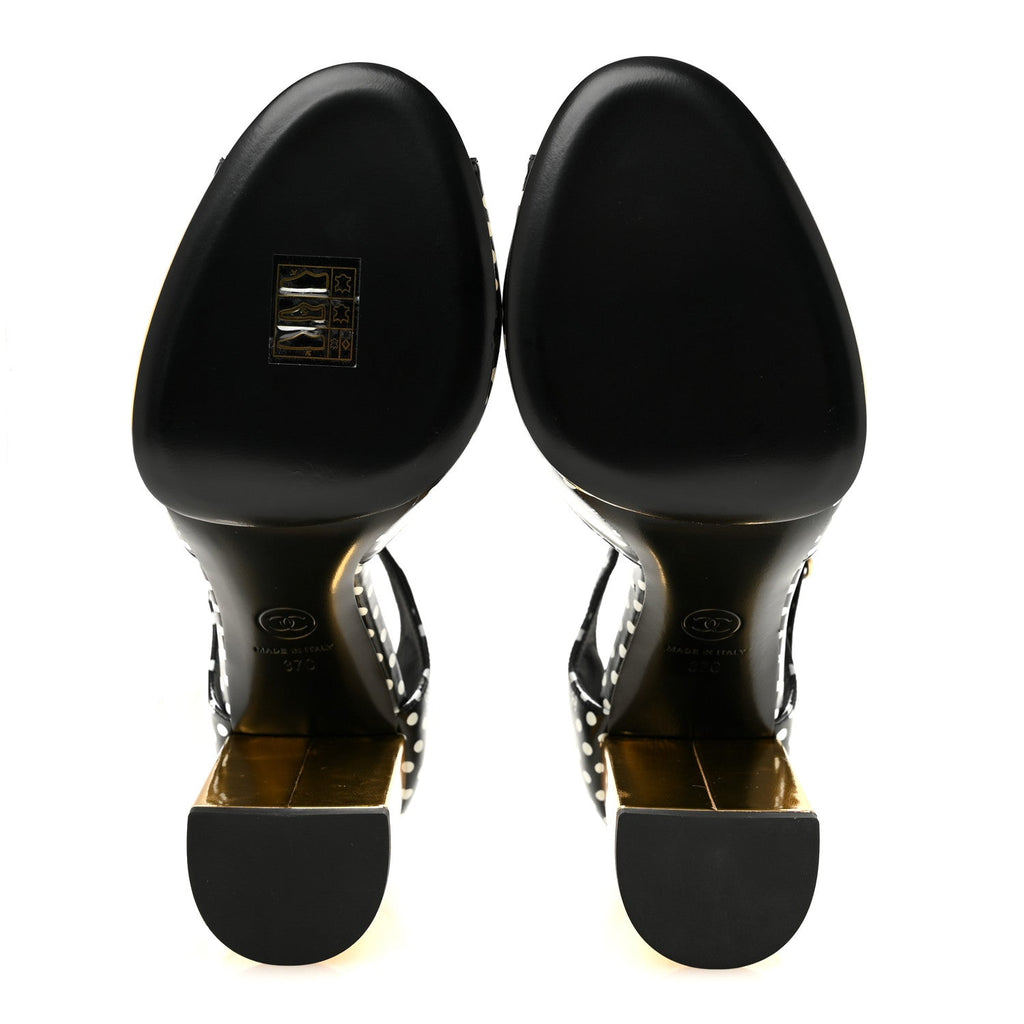 Chanel Printed Calfskin Women's Polka Dot CC Platform Sandals 37 Black White