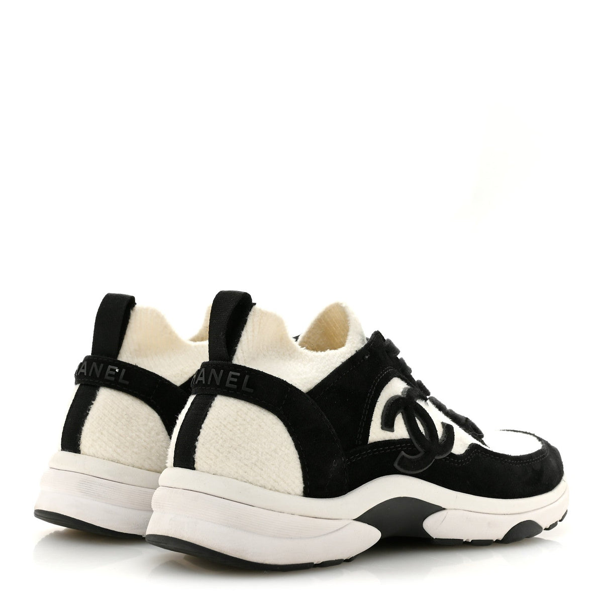 Chanel Fabric Suede Calfskin Women's CC Sneakers 38 White Black