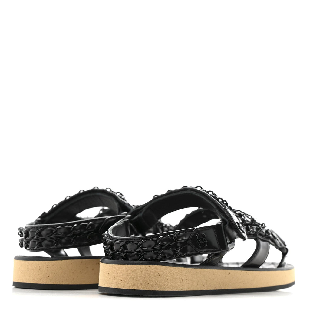 Chanel Laminated Goatskin Women's Chain Sandals 35 Black