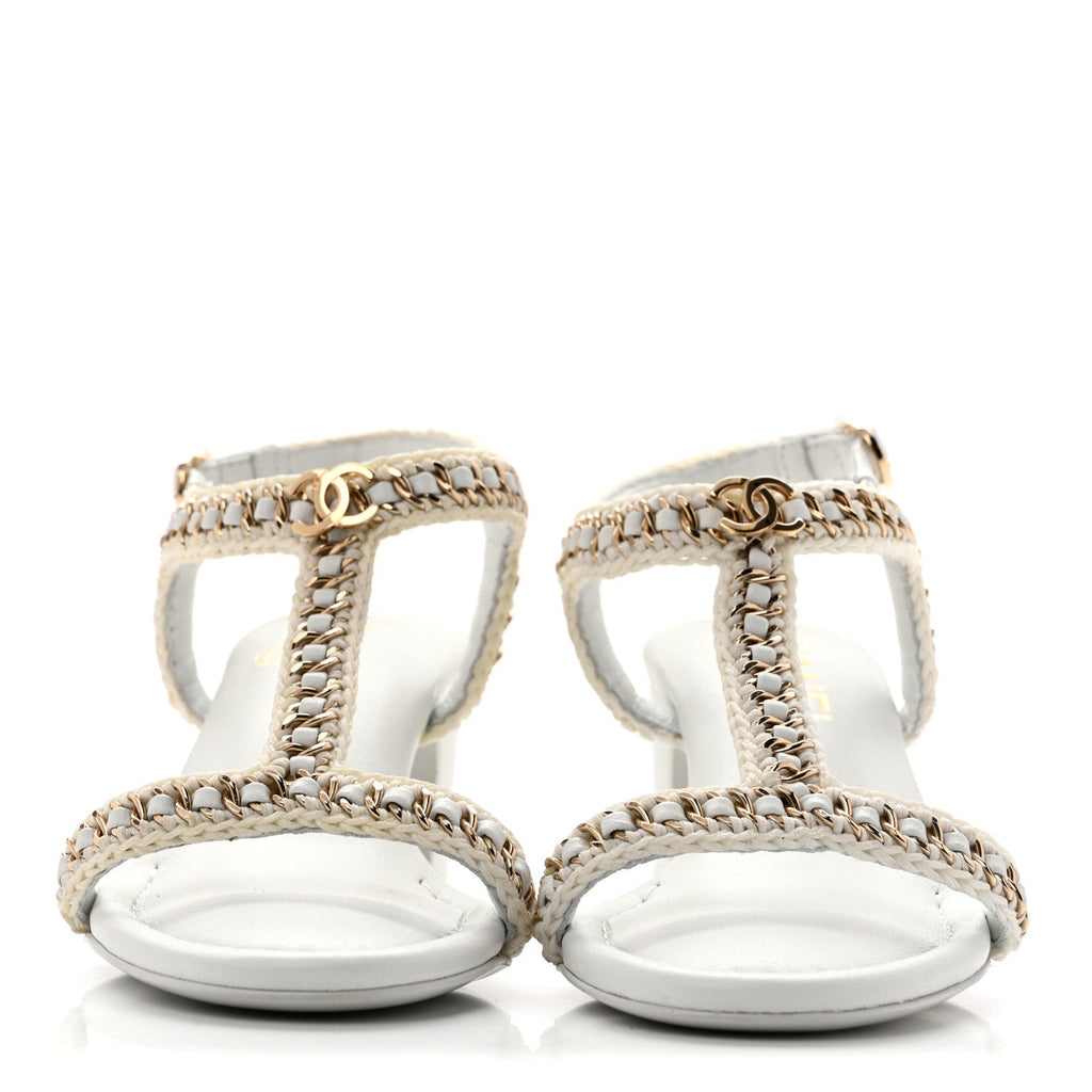 Chanel Lambskin Women's CC Chain Braided Sandals 35 White