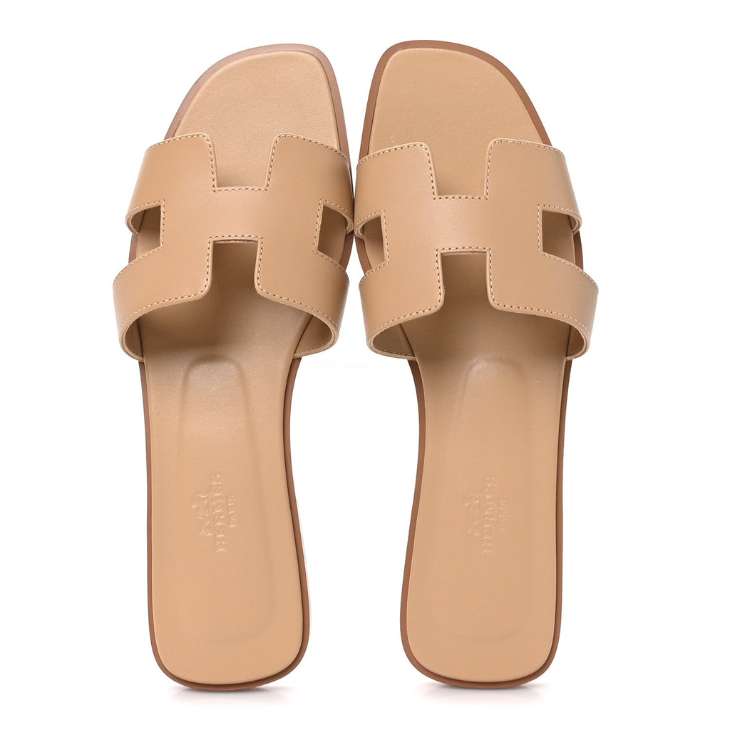 Hermes Box Calfskin Women's Oran Sandals 39 Camel