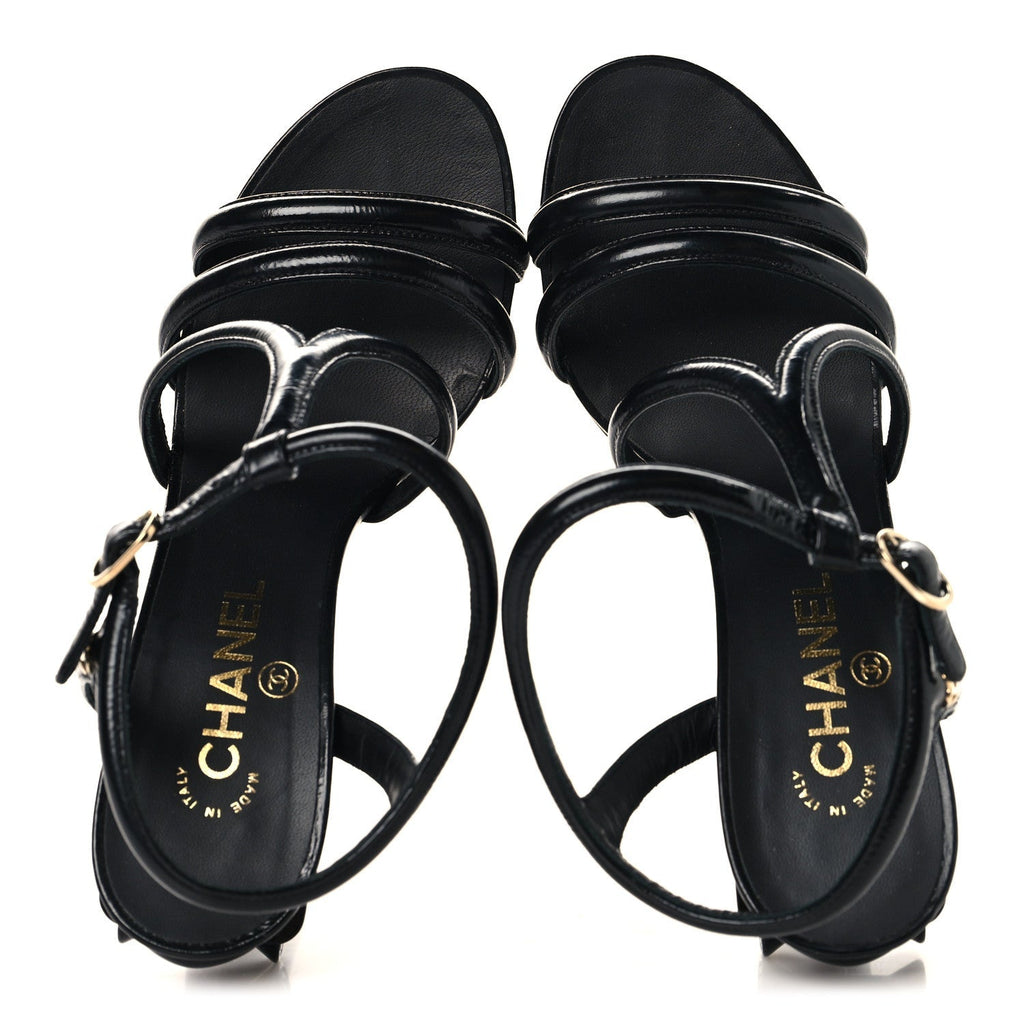 Chanel Patent Crumpled Calfskin Women's Parthenon Platform Sandals 39.5 Black