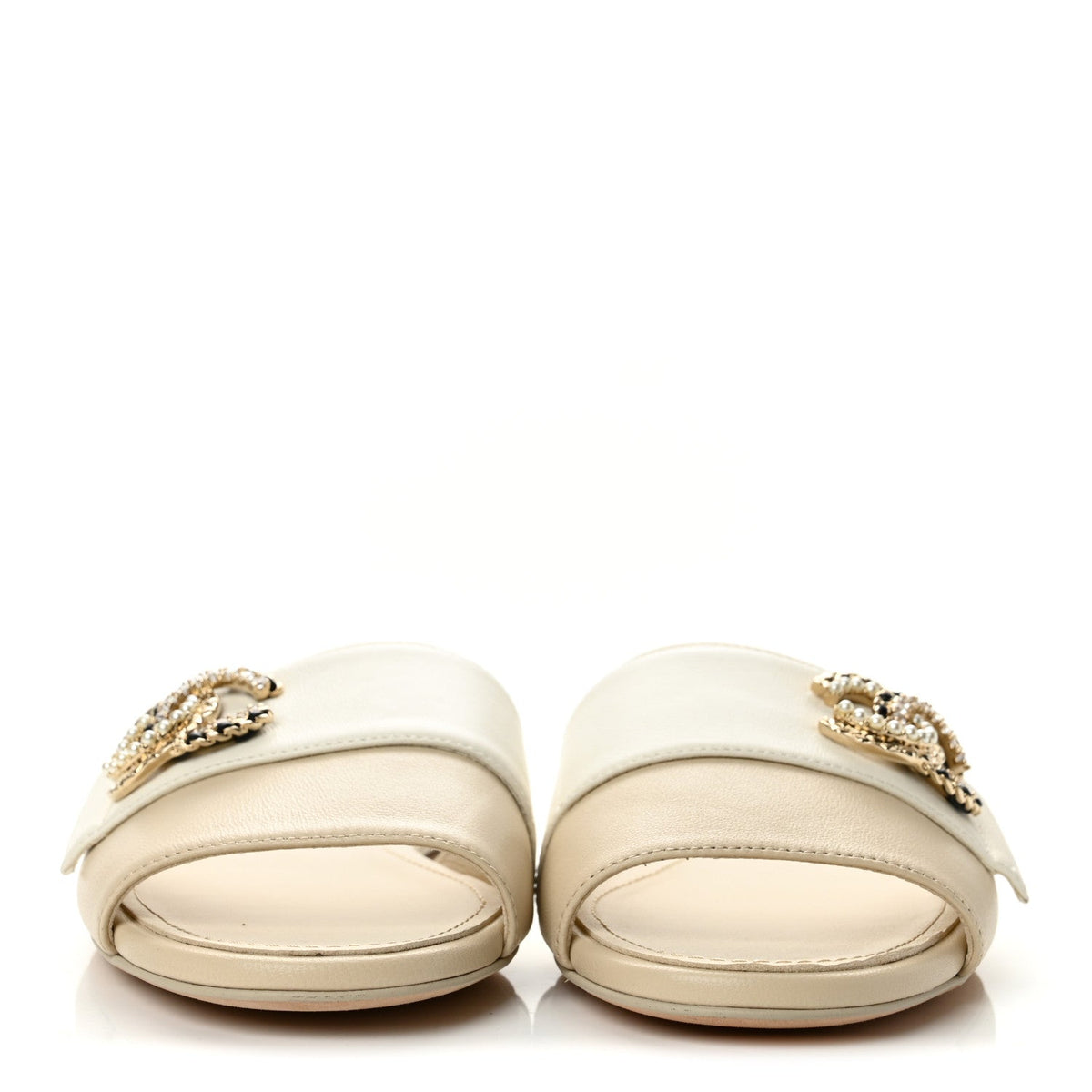 Chanel Lambskin Pearl Crystal CC Women's Mules Sandals 36 Light Beige White