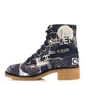 Suede Calfskin Printed CC Rue Cambon Lace Up Combat Boots White Navy