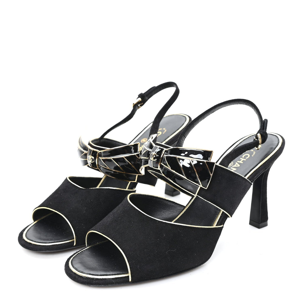 Chanel Suede Women's CC Bow Slingback Pumps 37.5 Black Gold