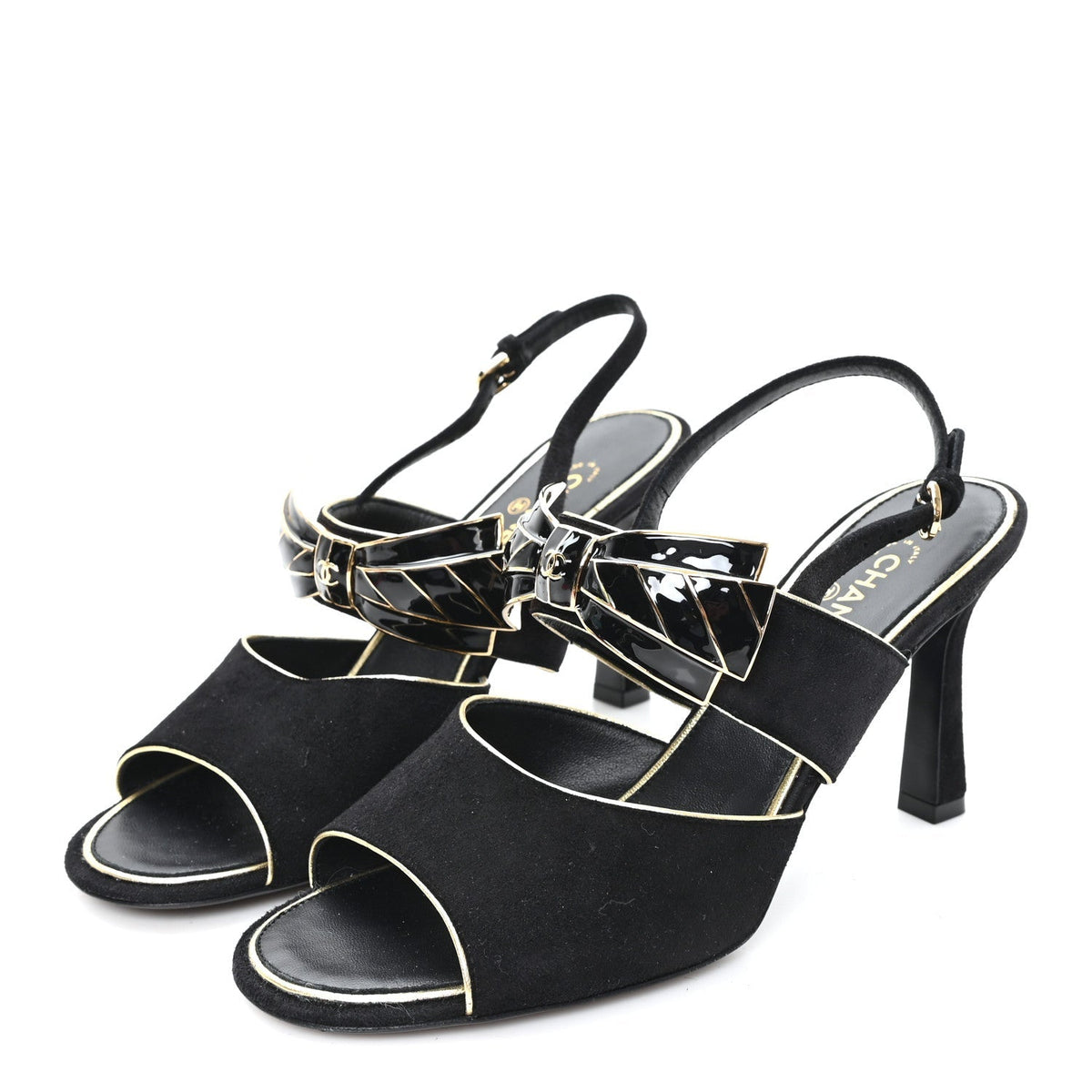 Chanel Suede Women's CC Bow Slingback Pumps 37.5 Black Gold