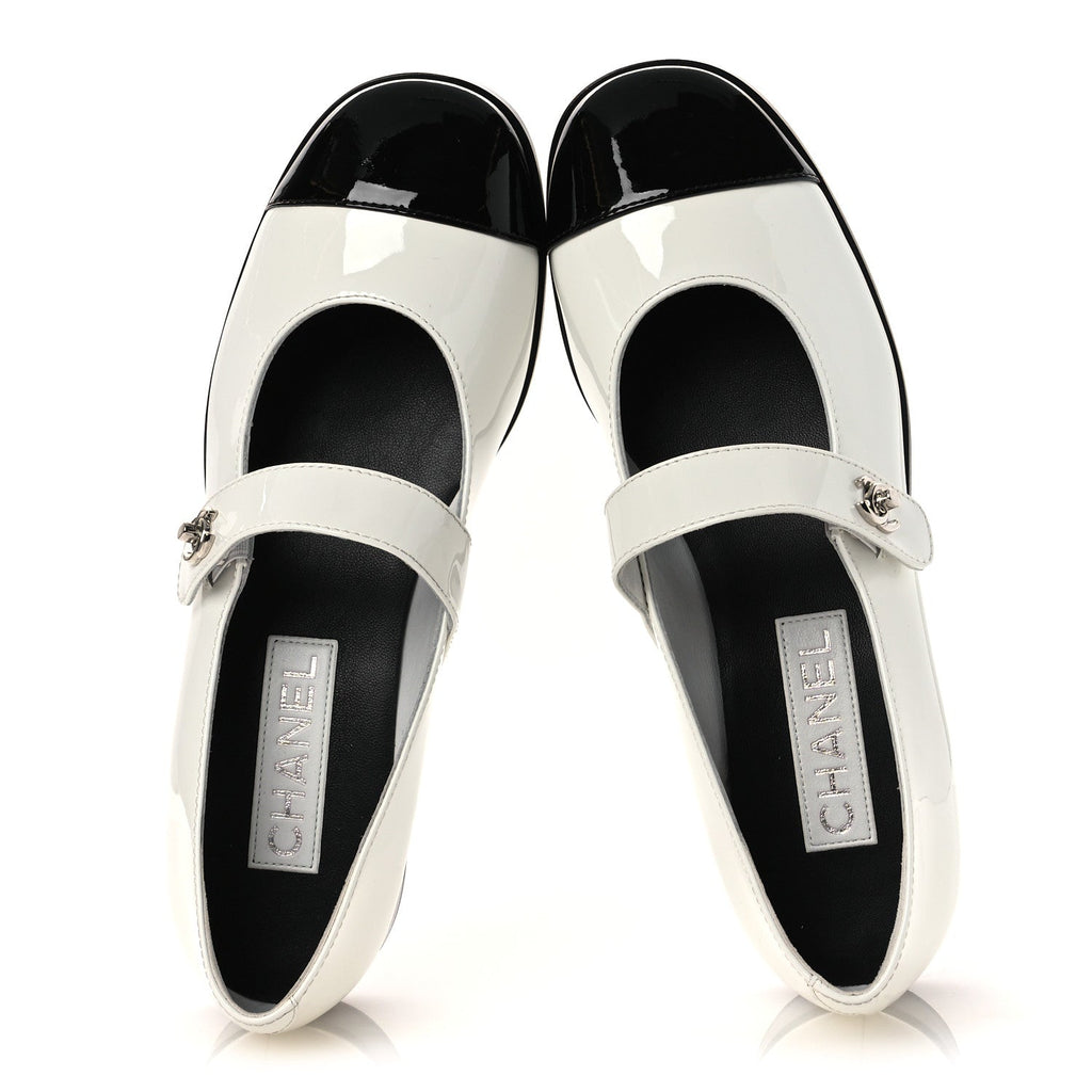 Chanel Patent Calfskin Women's Mary Janes Flats 39 White Black