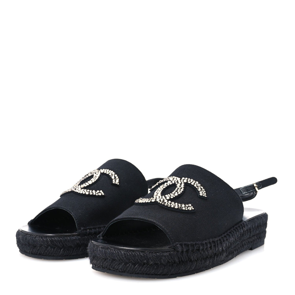 Chanel Canvas Strass CC Women's Espadrille Slingback Sandals 38 Black