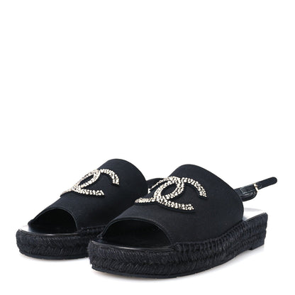 Chanel Canvas Strass CC Women's Espadrille Slingback Sandals 38 Black