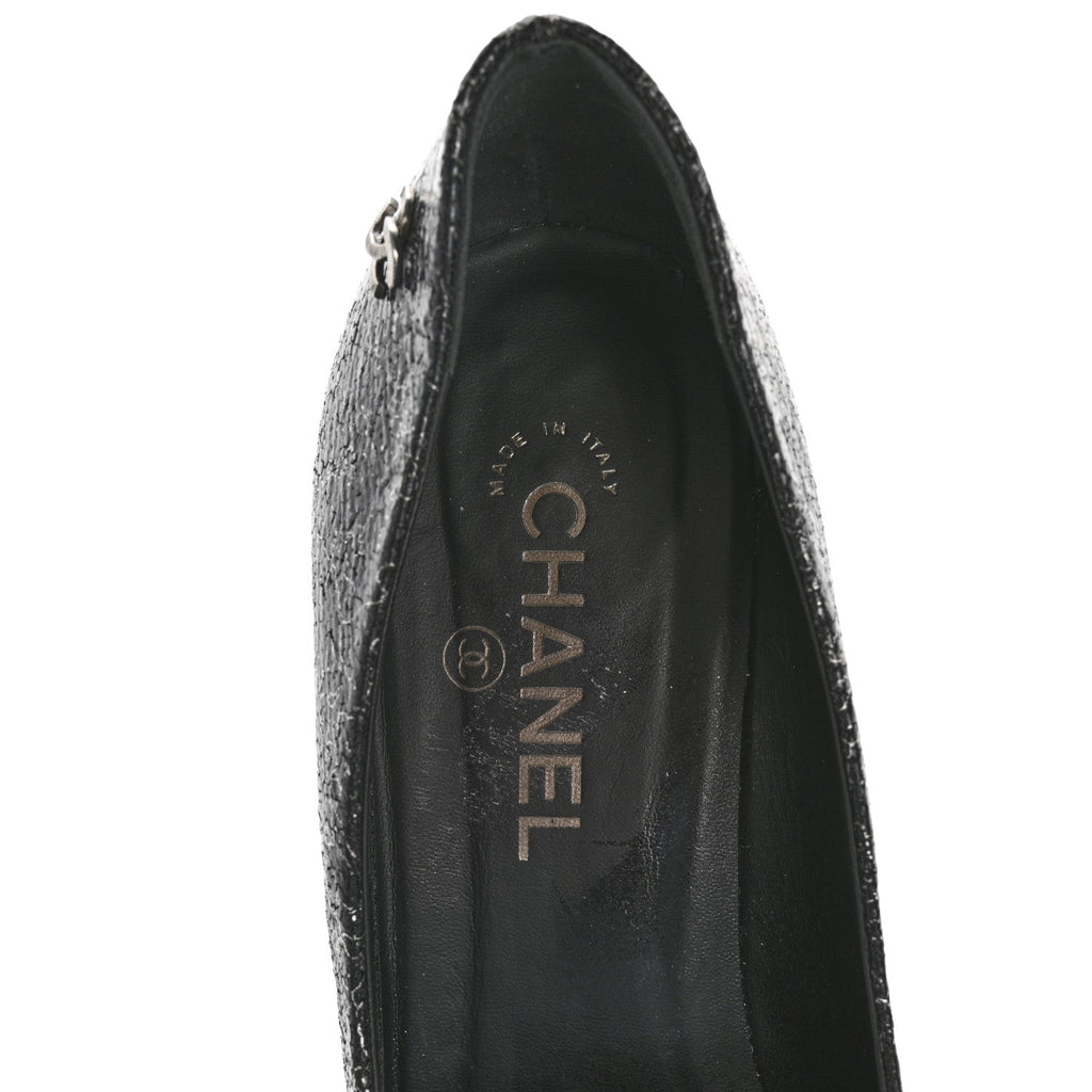 Chanel Metallic Crackled Calfskin Patent Cap Toe Women's Pumps 41 Silver Black