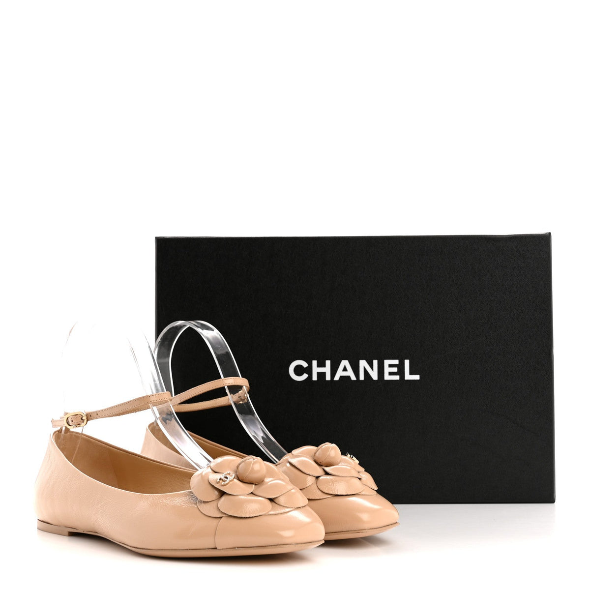 Chanel Shiny Calfskin Camellia Women's Ballerina Flats Beige
