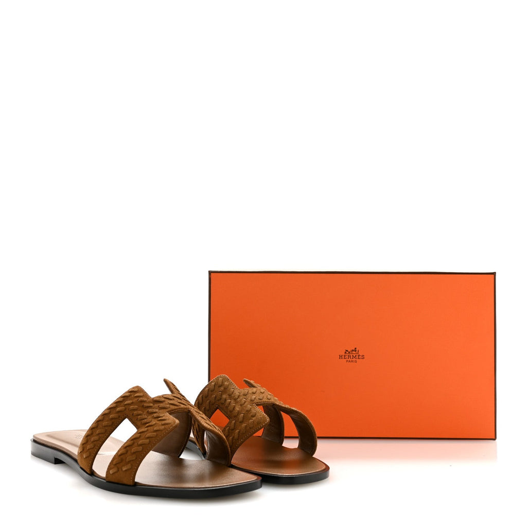 Hermes Suede Goatskin Women's Braided Oran Sandals 40 Brun Fume