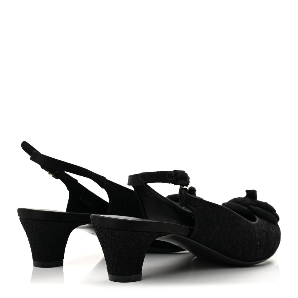 Chanel Lace Women's Camellia CC Slingback Pumps 38 Black
