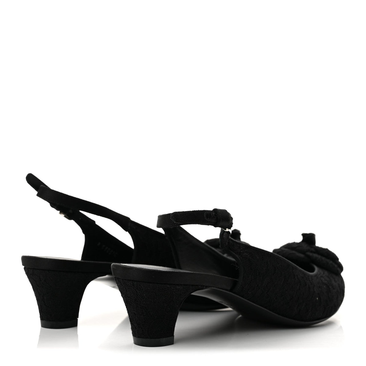 Chanel Lace Women's Camellia CC Slingback Pumps 38 Black