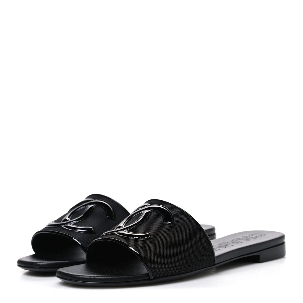 Chanel Mesh Patent Calfskin Women's CC Mules 39 Black