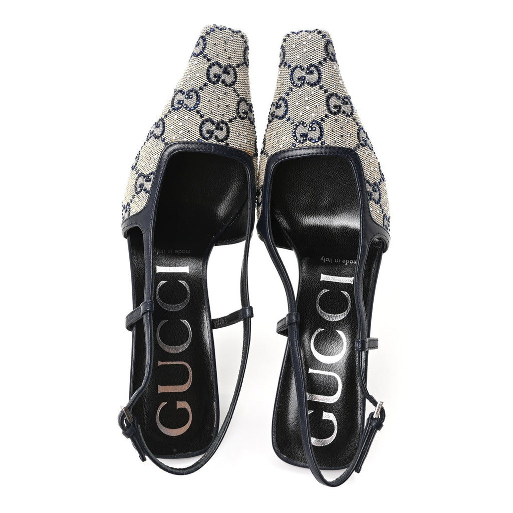 Gucci GG Monogram Malaga Kid Women's Square G Slingback Pumps 36.5 Beige Blue