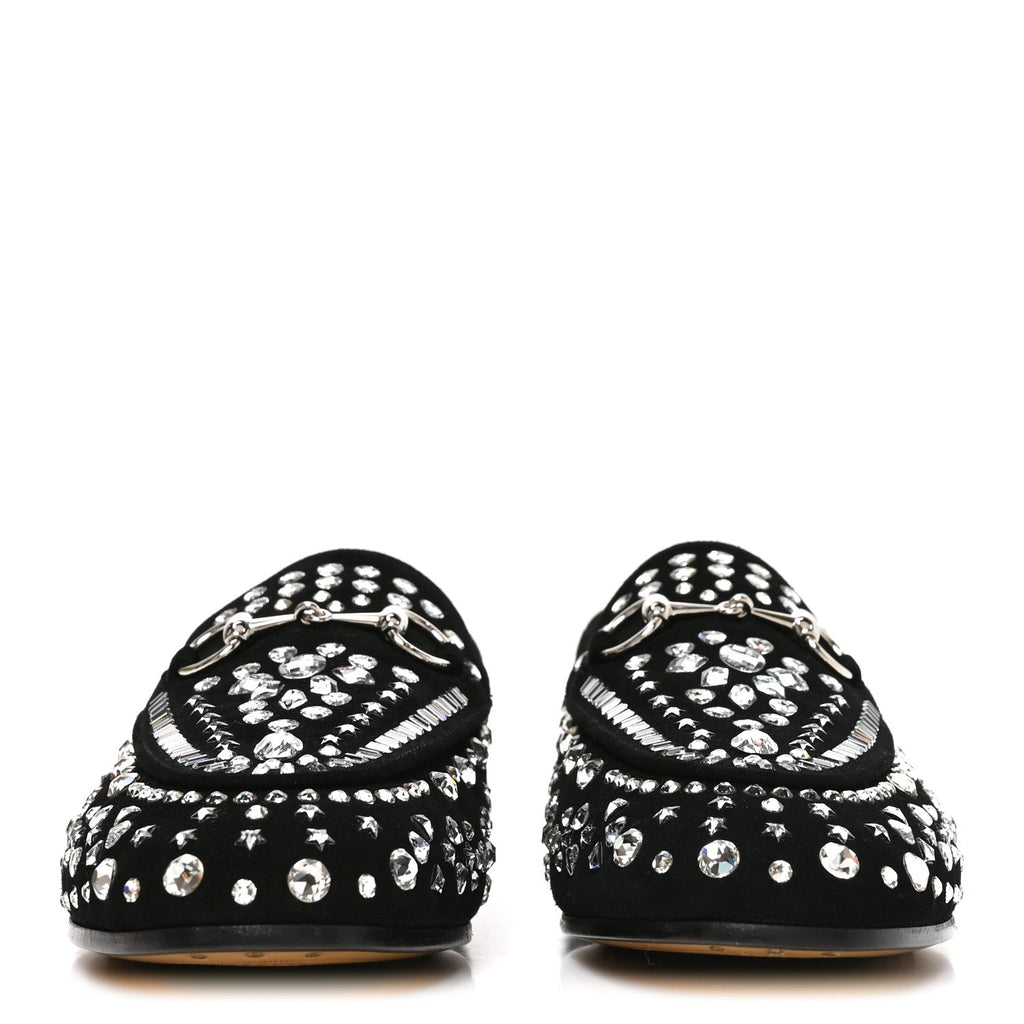 Gucci Suede Velvet Women's Crystal GG Jordaan Loafers 37.5 Black