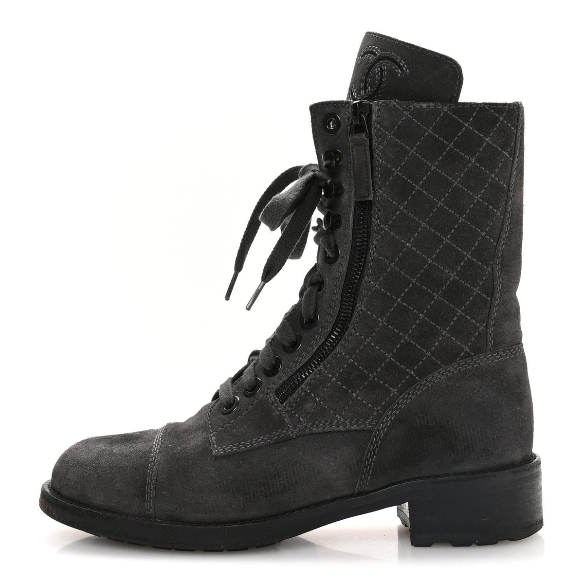Chanel Suede Women's Quilted CC Tall Lace Up Combat Boots 38 Grey