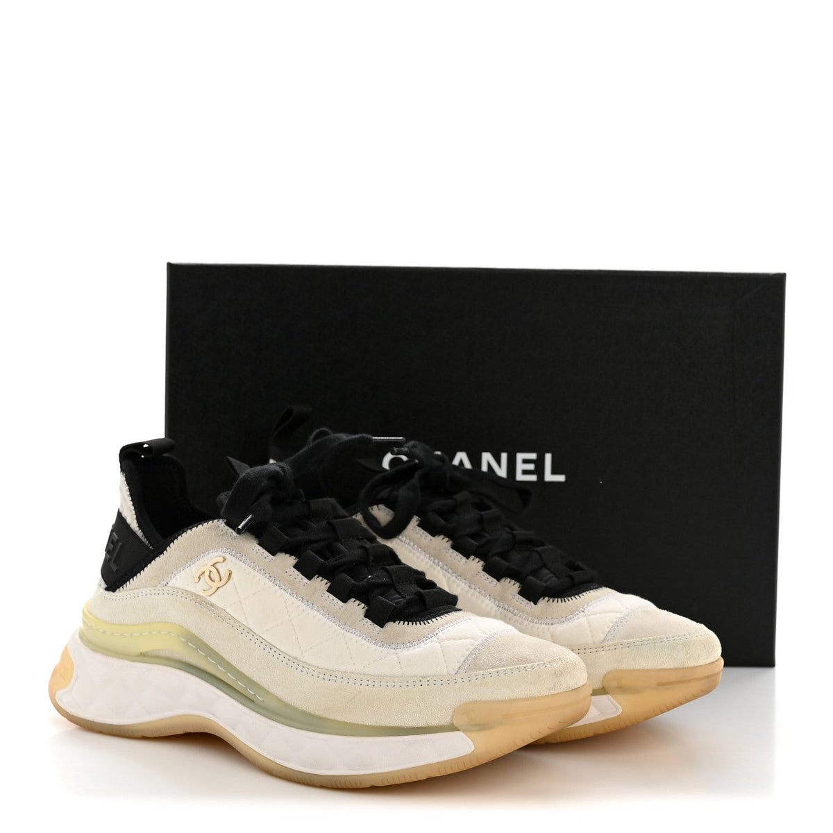 Chanel Fabric Suede Calfskin Women's CC Sneakers 37.5 White Ivory