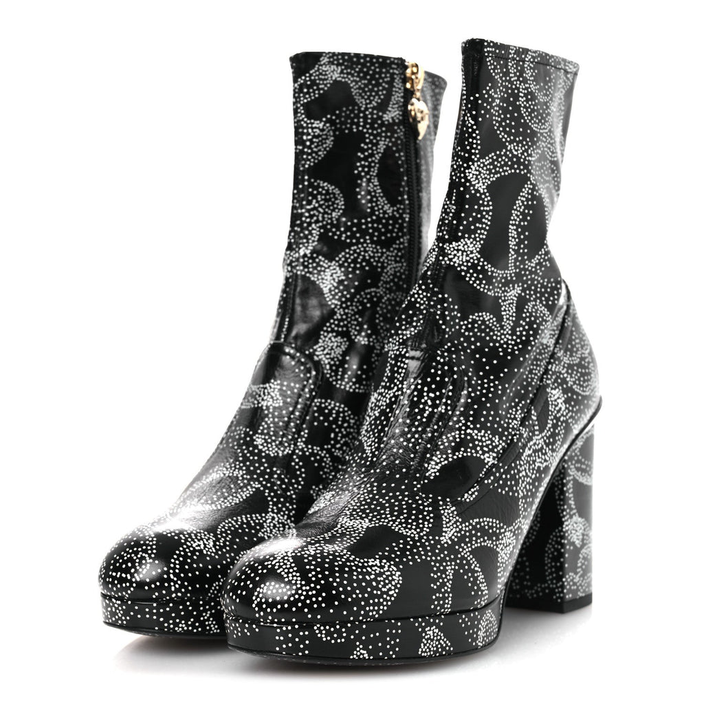 Chanel Calfskin Camellia Printed Women's Ankle Boots 38.5 Black White