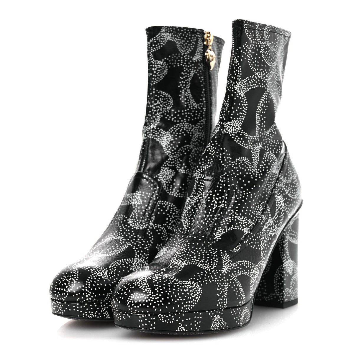 Chanel Calfskin Camellia Printed Women's Ankle Boots 38.5 Black White