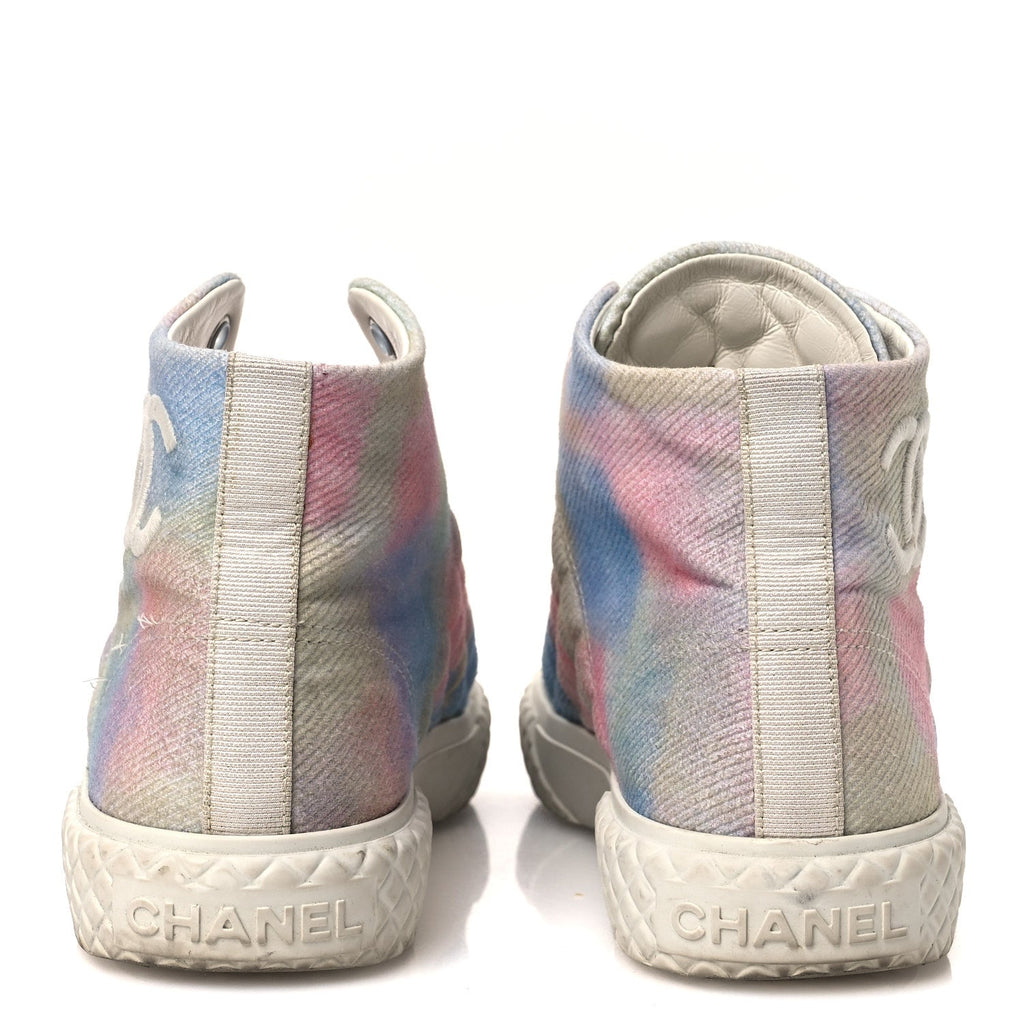 Chanel Printed Fabric Women's High Top CC Sneakers 39 Green Pink Blue White