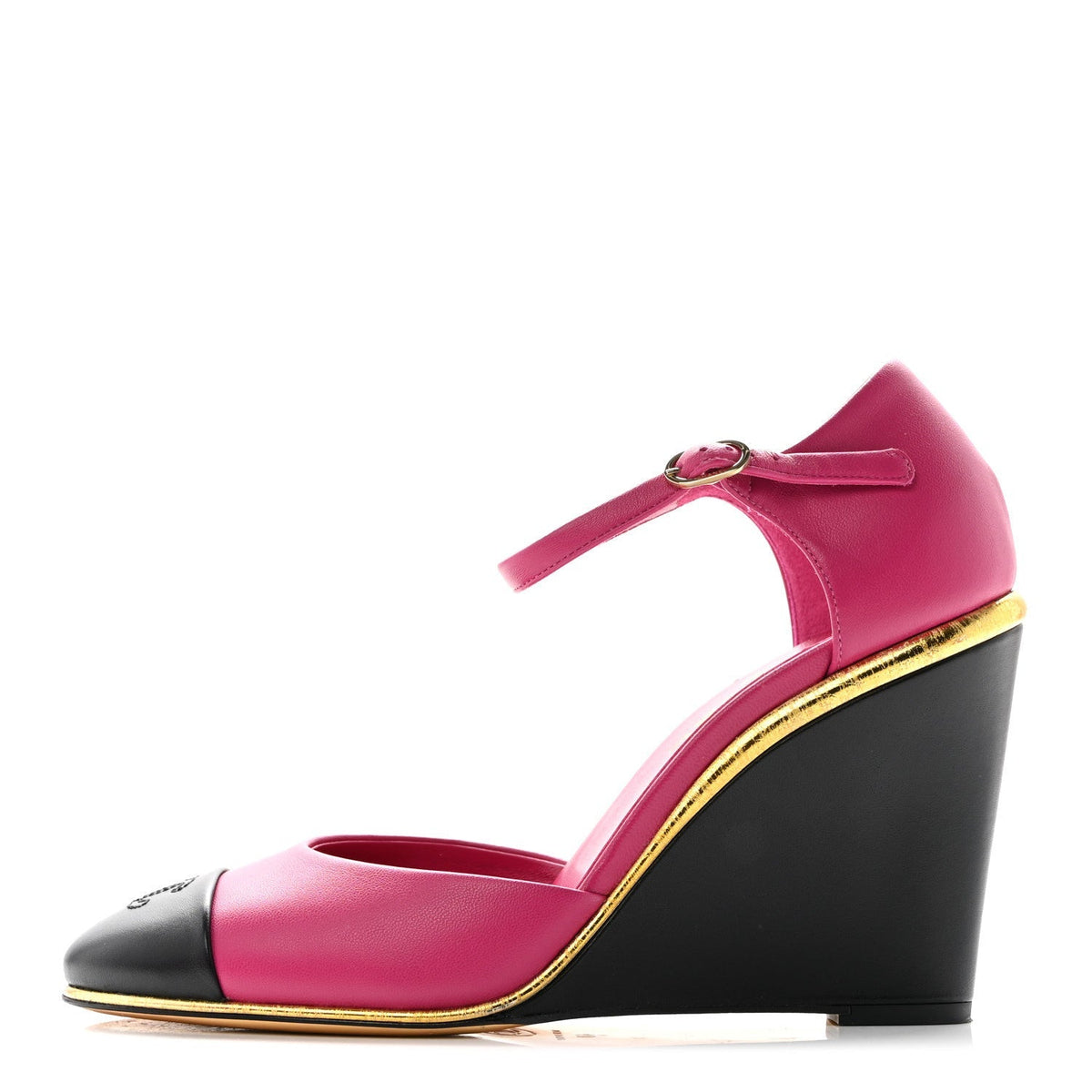 Chanel Lambskin Cap Toe Women's Open Wedge Pumps 40 Fuchsia Black