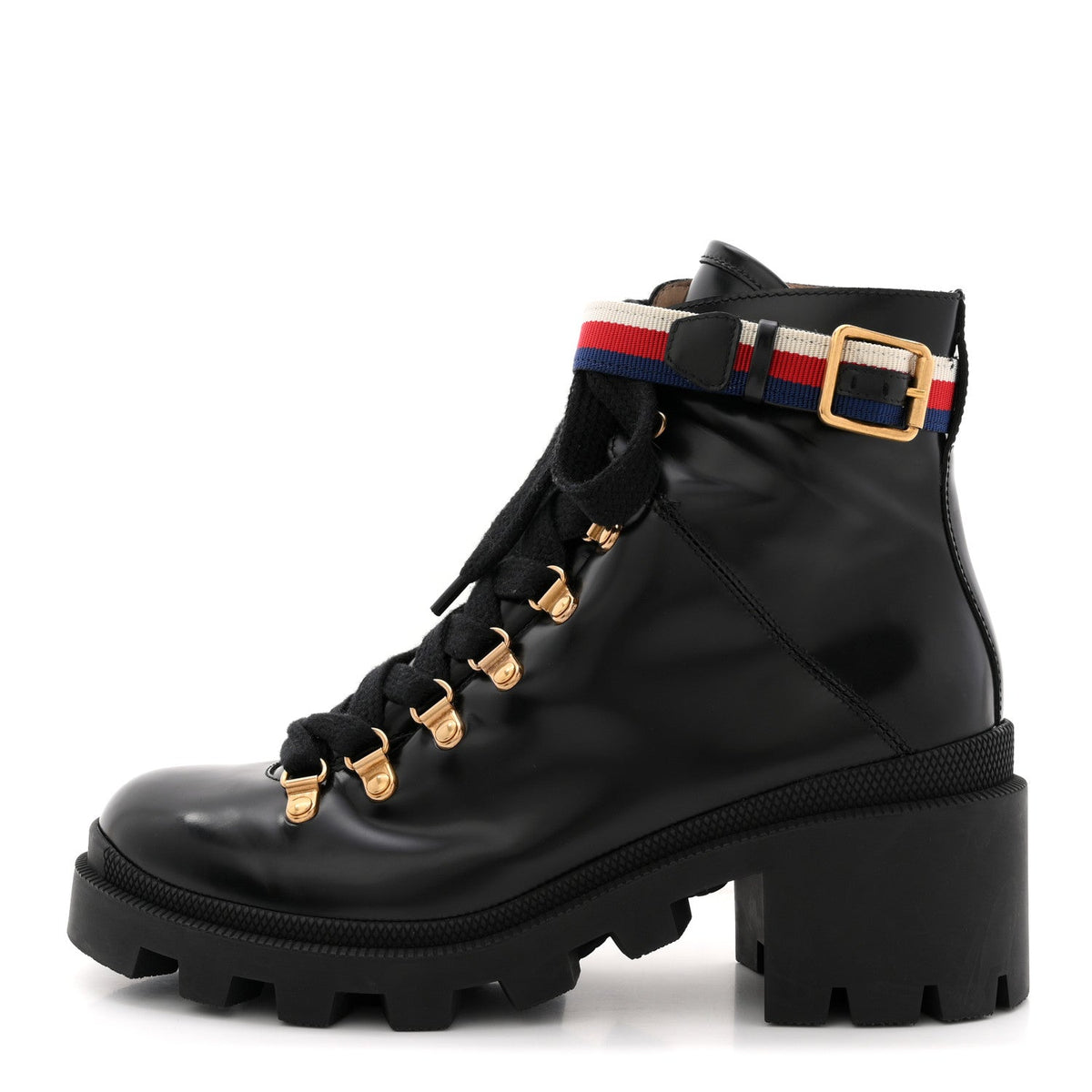 Gucci Calfskin Sylvie Web Women's Lace Up Combat Boots 38 Black