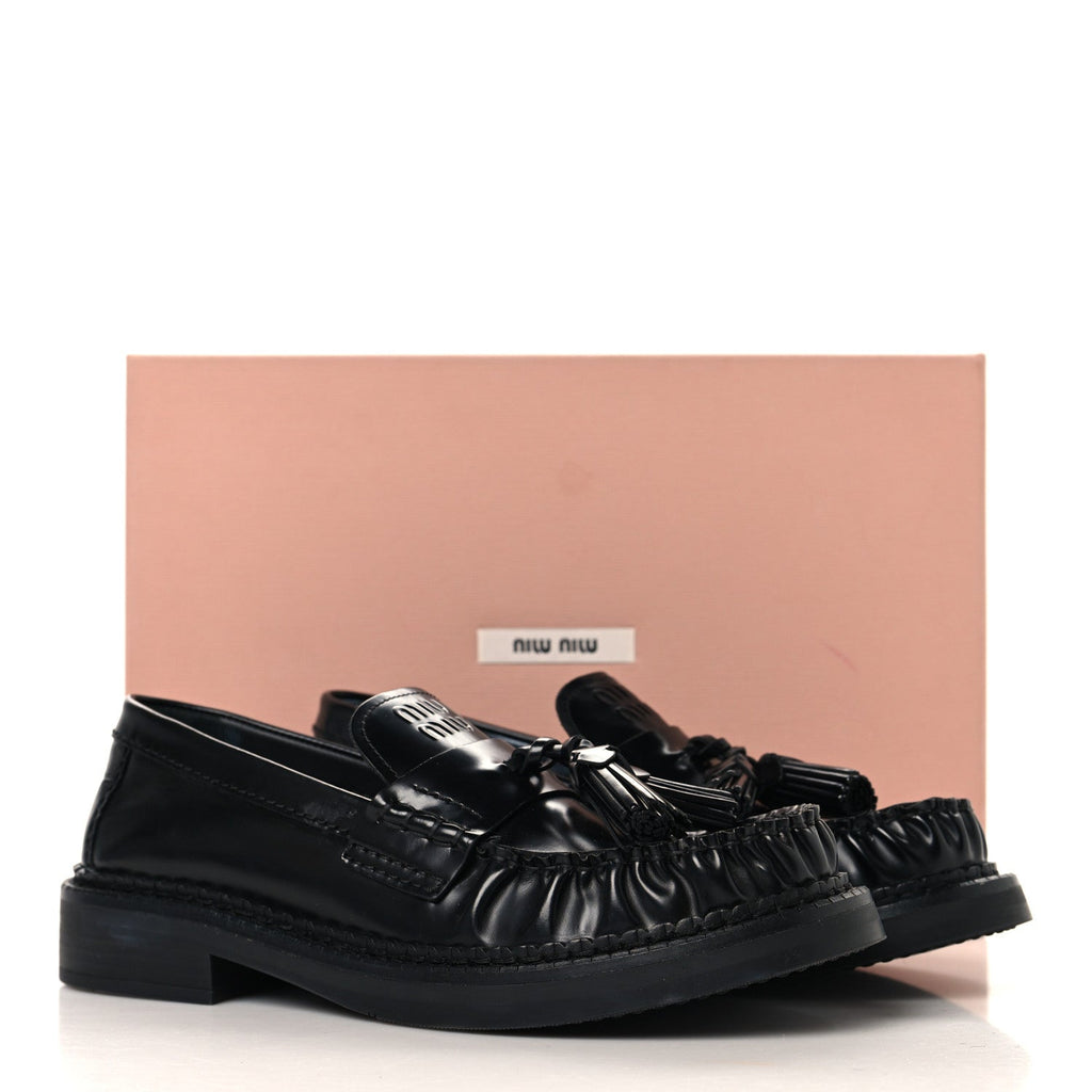 Miu Miu Spazzolato Calfskin Women's Tassel Loafers 36.5 Black