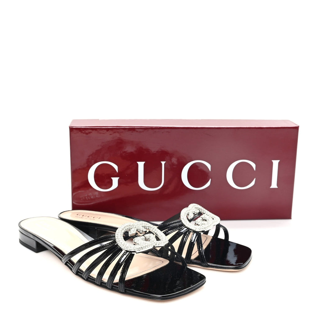 Gucci Vernice Crystal Women's Interlocking G Slide Sandals 40 Black