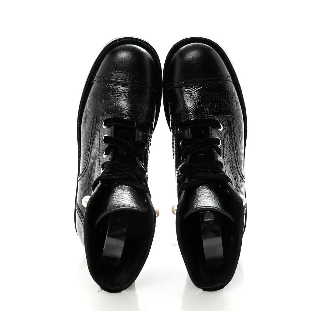Chanel Shiny Calfskin Velvet Pearl Women's Combat Short Boots 38.5 Black