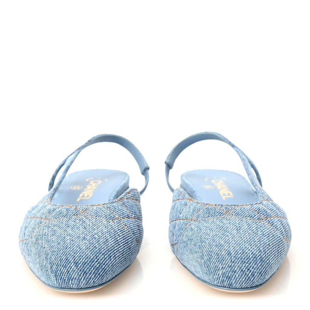 Chanel Denim Quilted CC Cap Toe Women's Slingback Flats Light Blue