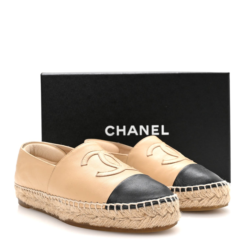 Chanel Lambskin Women's CC Espadrilles 36 Beige Black