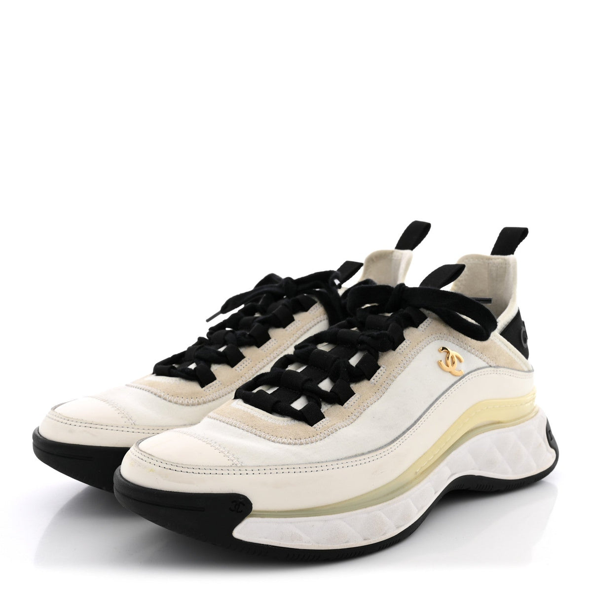 Chanel Velvet Calfskin Mixed Fibers Women's CC Sneakers 40 Ivory Black
