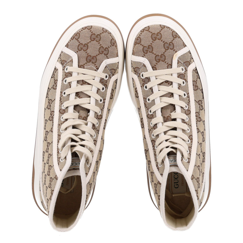 Gucci Monogram 1977 Tennis 55mm Men's High Top Sneakers 9 Beige Ebony Mystic White