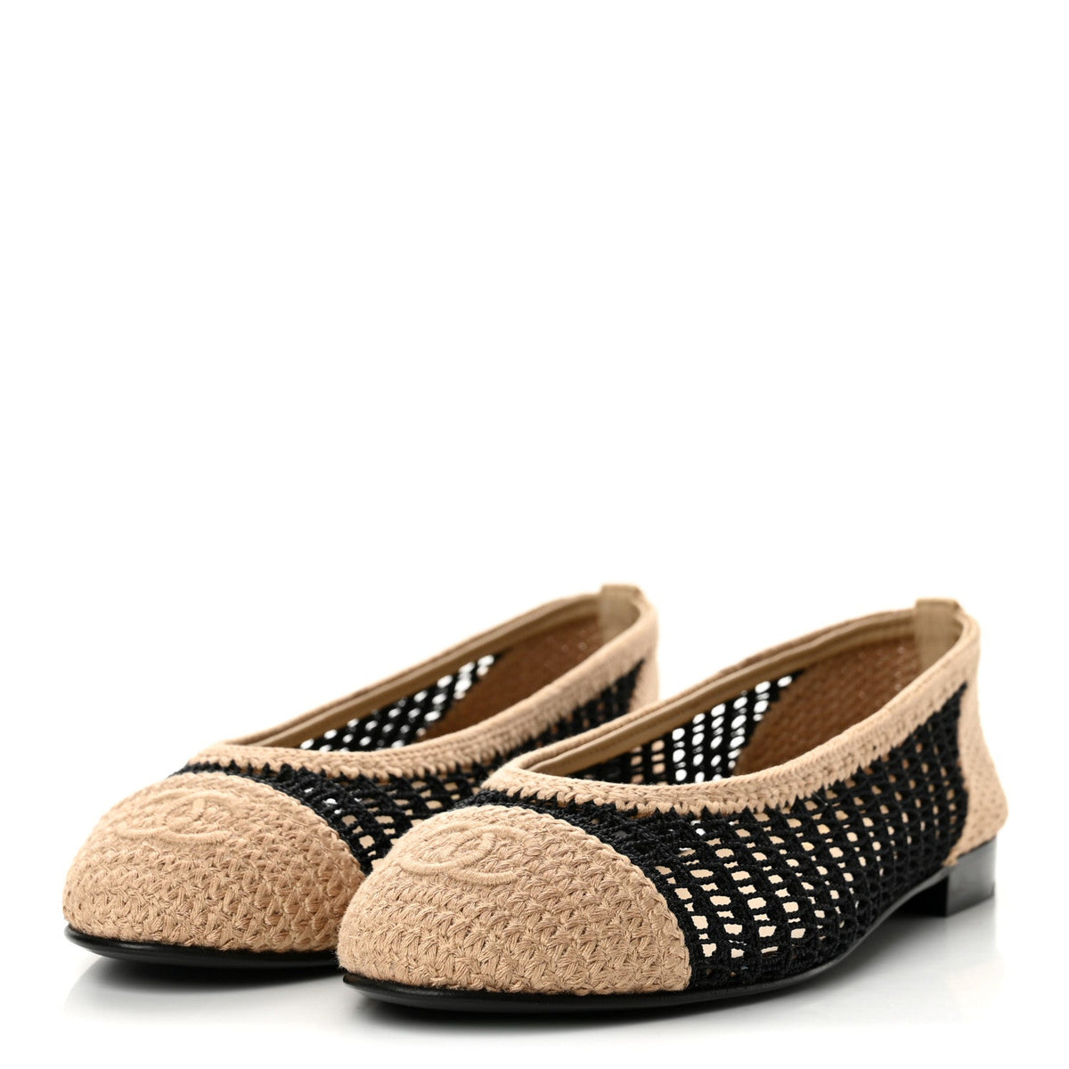 Chanel Raffia Cap Toe Women's Ballerina Flats Black Beige