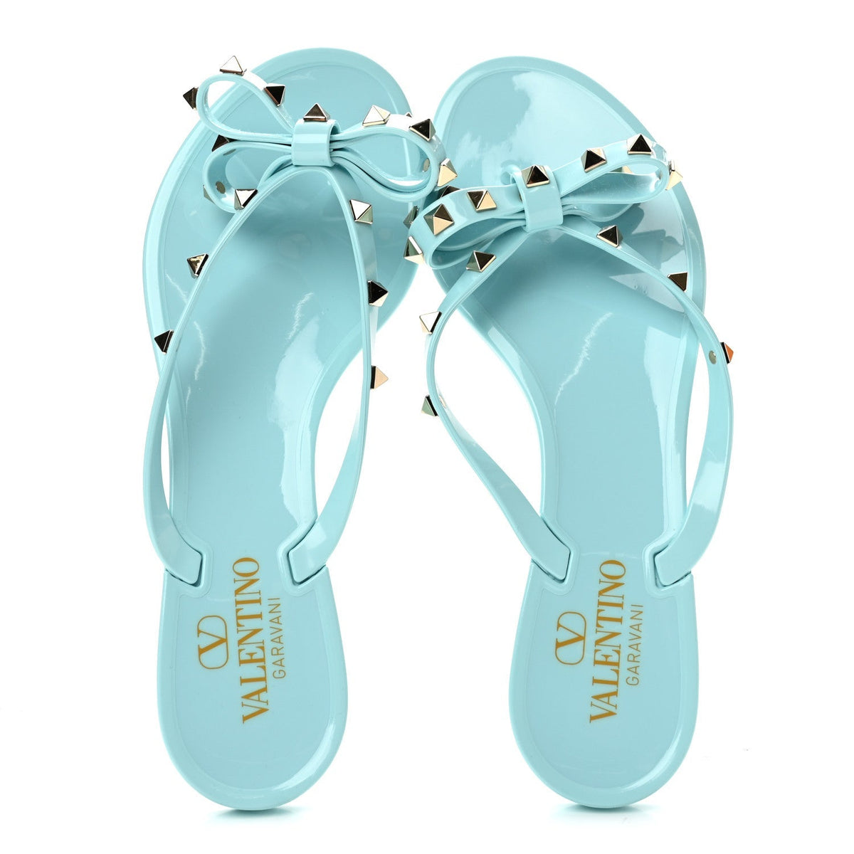 Valentino Garavani PVC Women's Jelly Rockstud Bow Thong Sandals 40 Light Blue