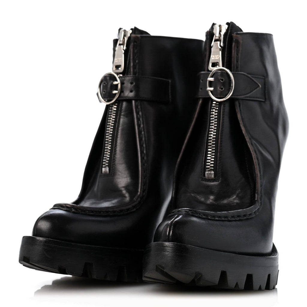 Prada Spazzolato Distressed Leather Women's Buckle 120mm Ankle Boots 35 Black