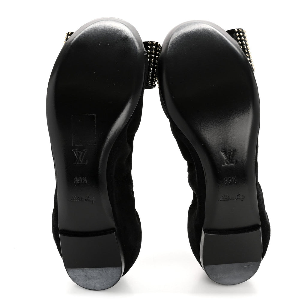 Louis Vuitton Suede Patent Women's Flirty Studded Bow Flats 39.5 Black