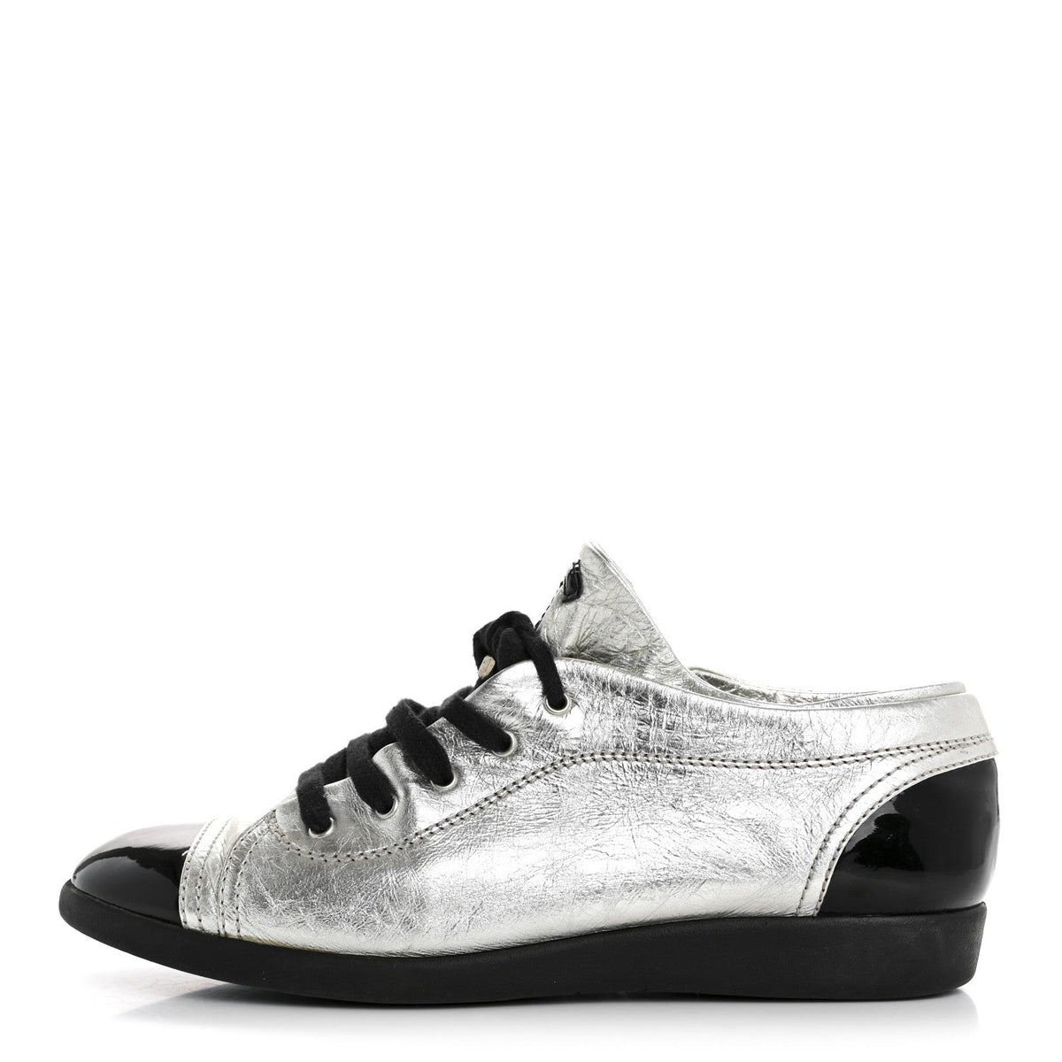 Chanel Metallic Lambskin Patent Cap Toe CC Women's Sneakers Silver Black