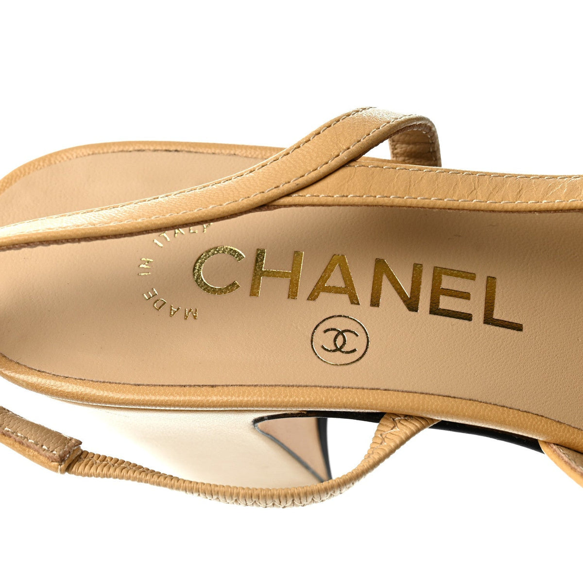 Chanel Goatskin Grosgrain Women's Cap Toe CC Slingback Pumps 37 Beige Black