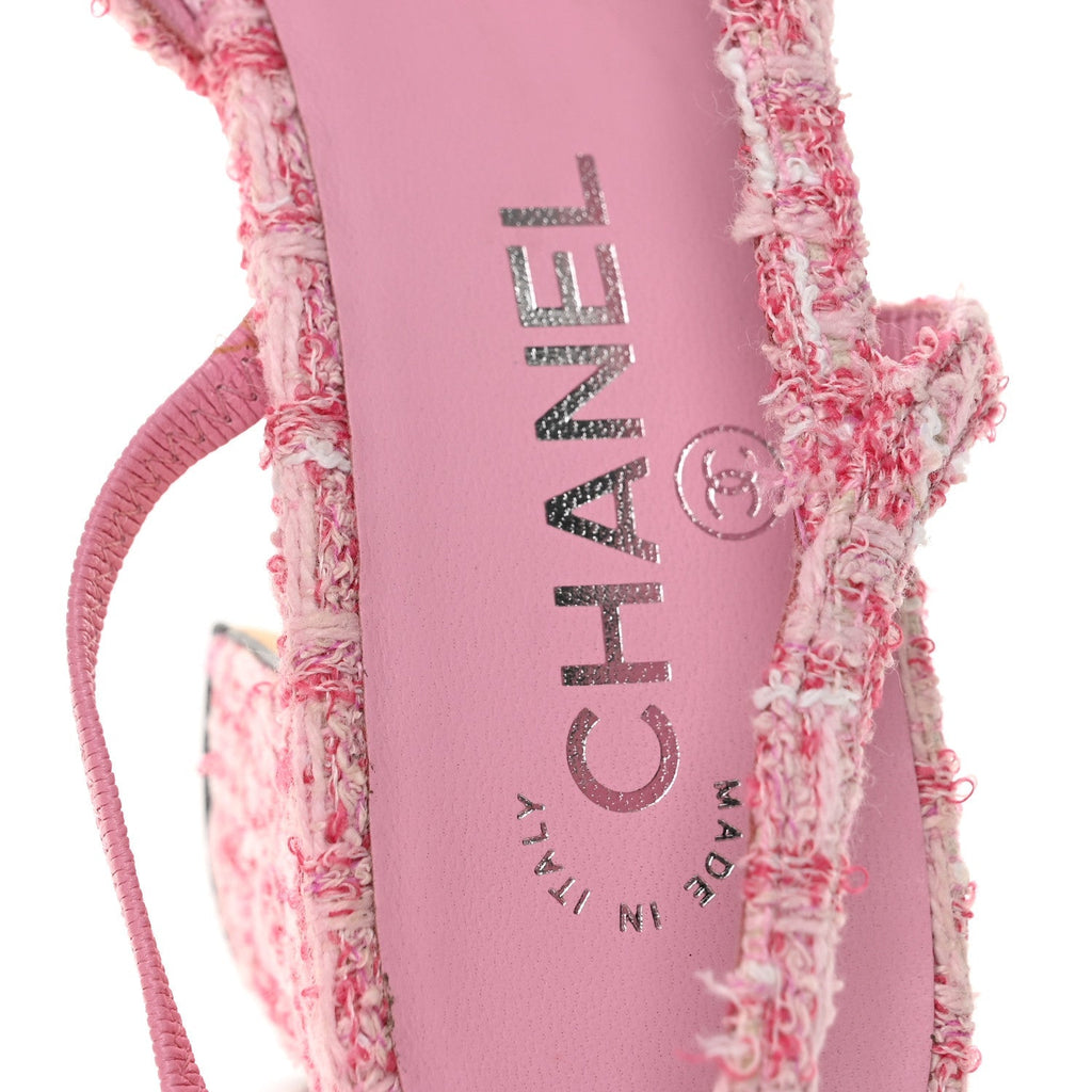Chanel Tweed Grosgrain CC Women's Slingback Pumps 40 Pink Black