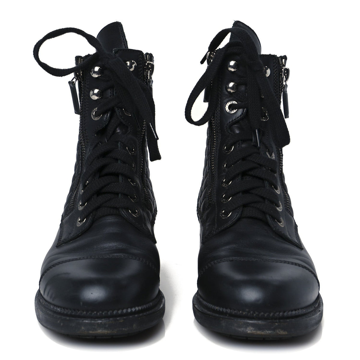 Chanel Calfskin Women's Quilted Lace Up Combat Boots 39 Black
