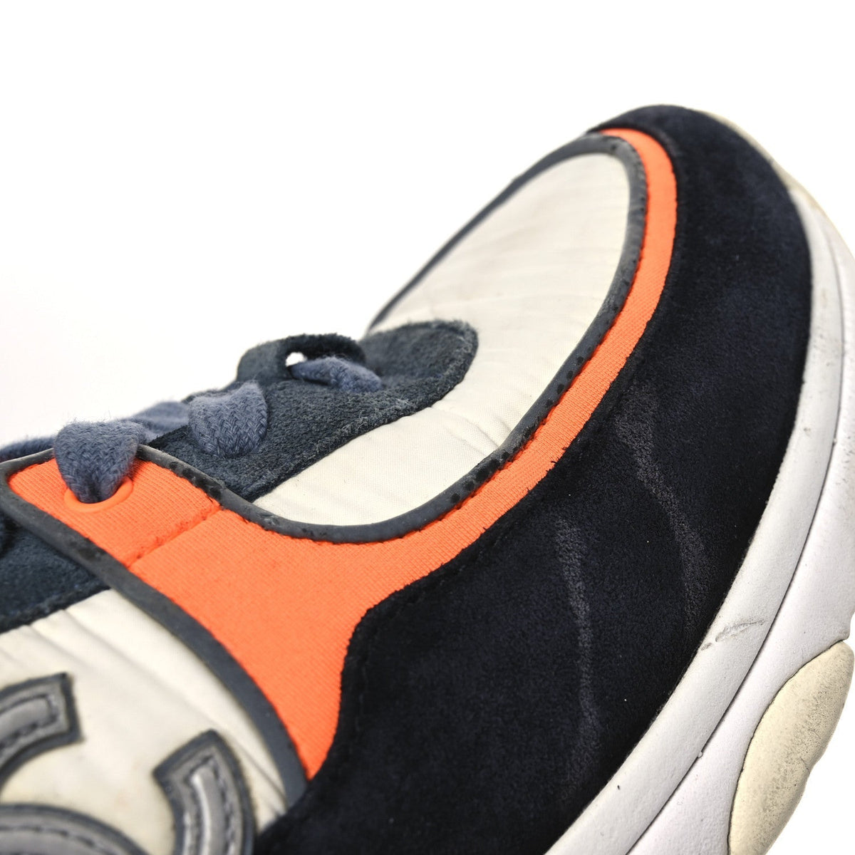 Chanel Nylon Calfskin Suede Women's CC Sneakers 35.5 Navy White Orange Black