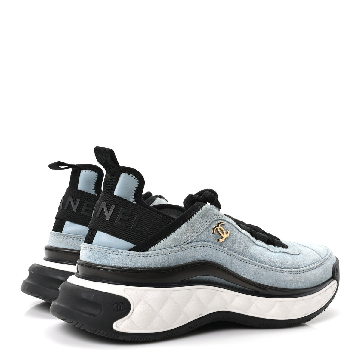 Chanel Suede Calfskin Nylon Grosgrain Women's CC Sneakers 38.5 Light Blue