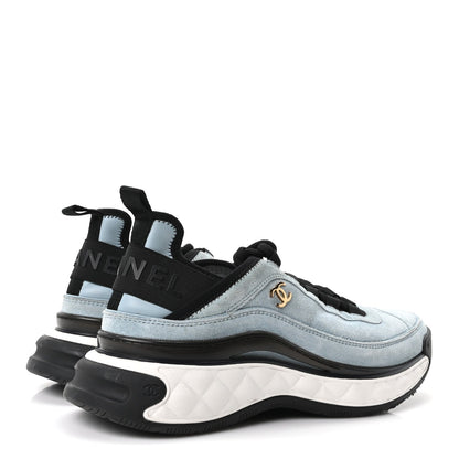Chanel Suede Calfskin Nylon Grosgrain Women's CC Sneakers 38.5 Light Blue