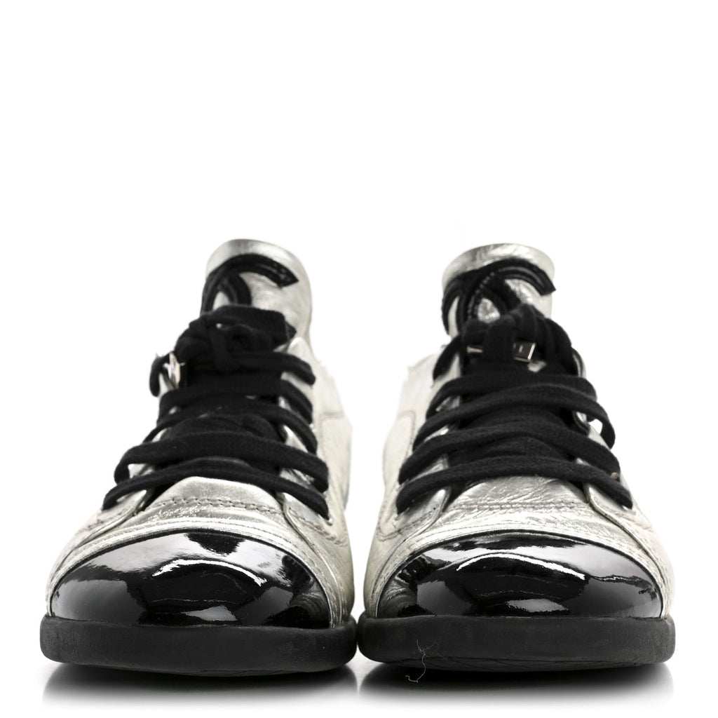 Chanel Metallic Lambskin Patent Cap Toe CC Women's Sneakers Silver Black