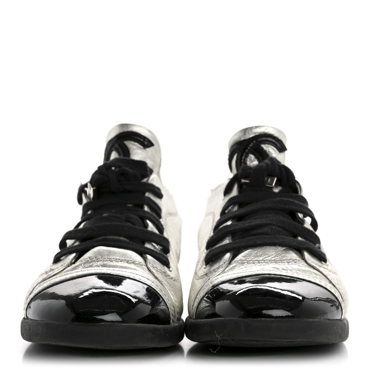 Chanel Metallic Lambskin Patent Cap Toe CC Women's Sneakers Silver Black