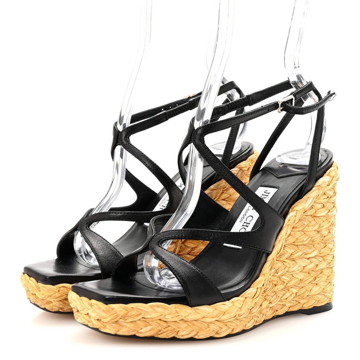 Jimmy Choo Raffia Nappa Women's Ayla 110mm Wedge Sandals 35 Black