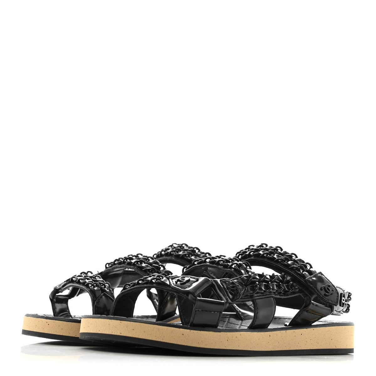 Chanel Laminated Goatskin Women's Chain Sandals 35 Black